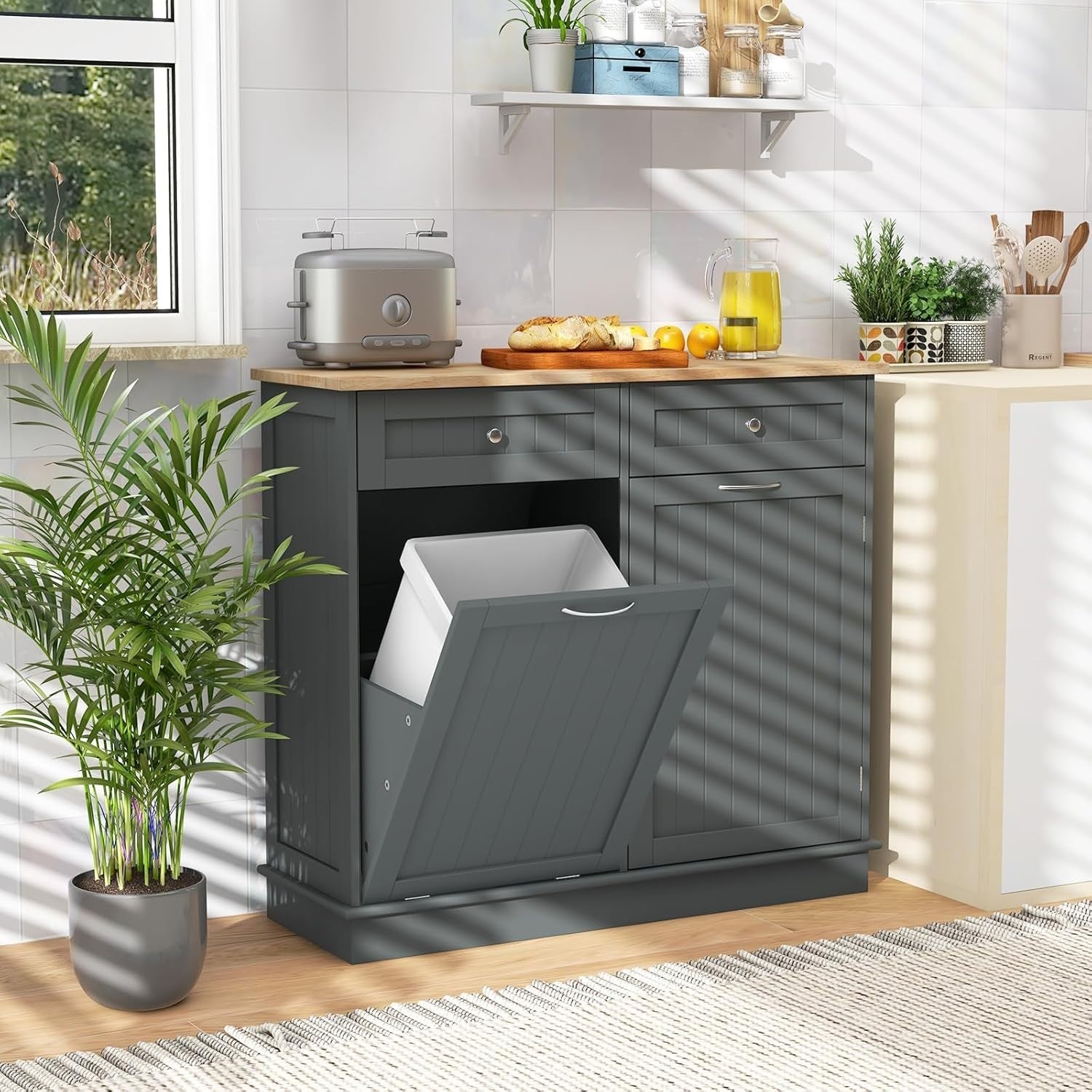 Modern Kitchen Sideboard with Tilt-Out Trash Bin Cabinet & Storage Drawers
