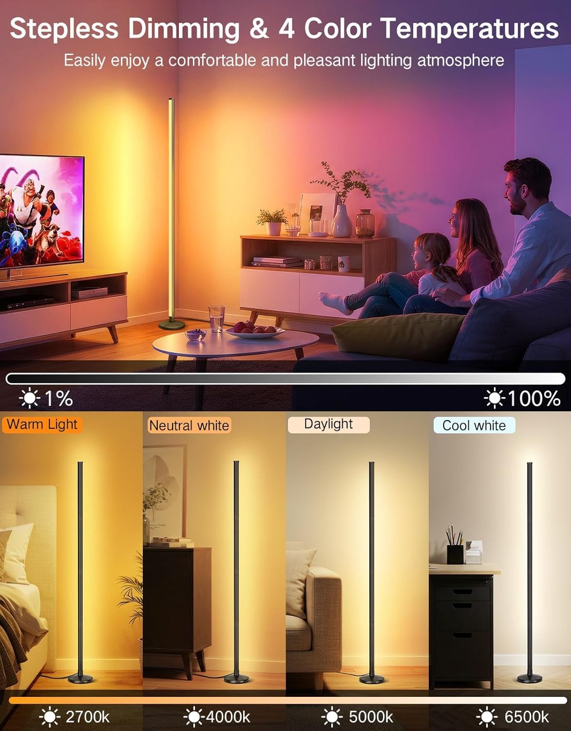2x LED RGB Corner Floor Lamps Smart App Remote Music Sync Colour Changing