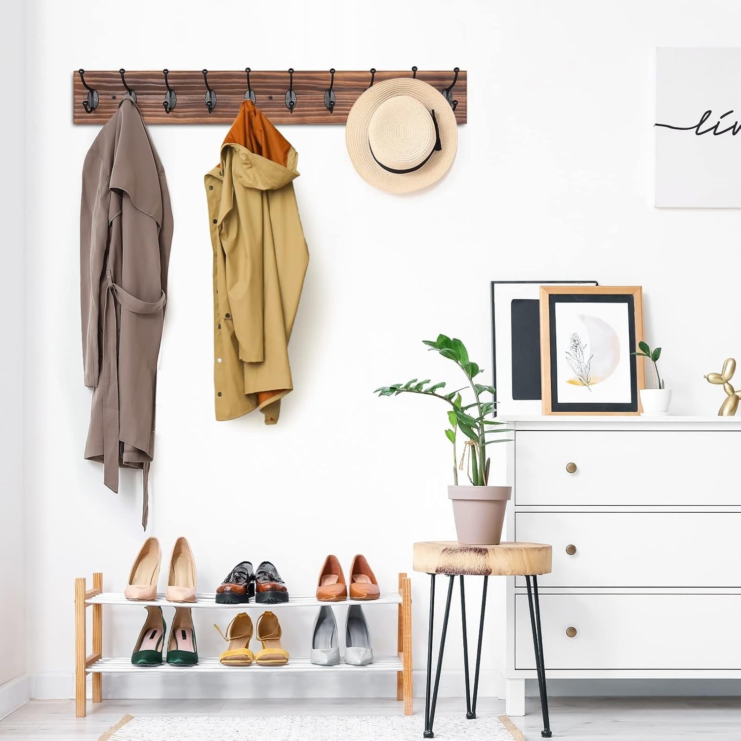 Vintage Wall Mounted Coat Rack 10 Hooks | Wooden Hanging Rack for Coats Hats