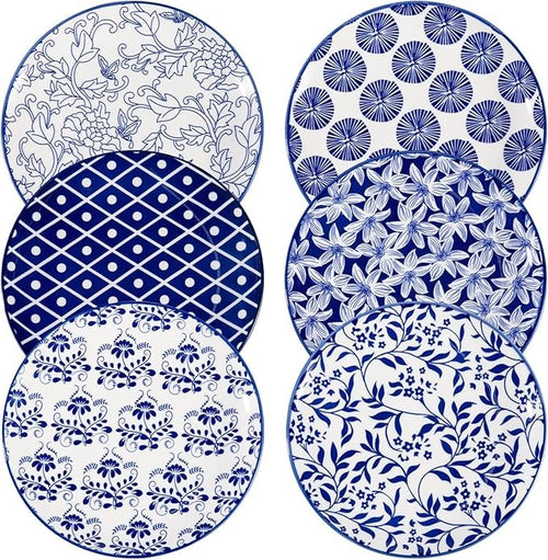 6pc Blue Pattern Porcelain Plates Set 8 Inch Dessert Salad Microwave Safe
