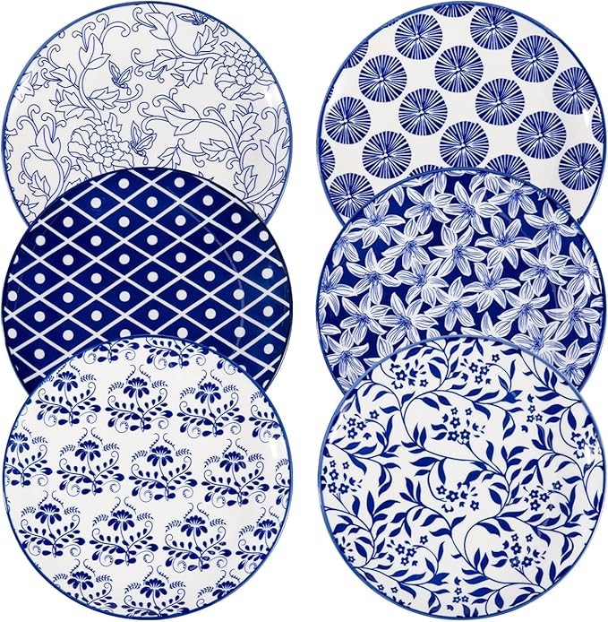 6pc Blue Pattern Porcelain Plates Set 8 Inch Dessert Salad Microwave Safe