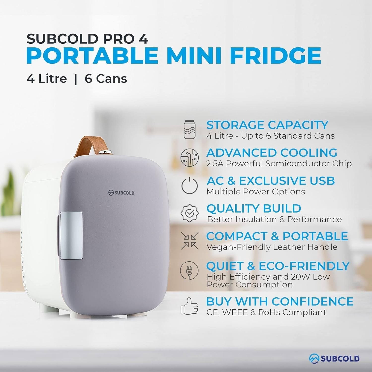 Portable 4L Mini Fridge Small Cooler for Office Bedroom Car Travel Grey