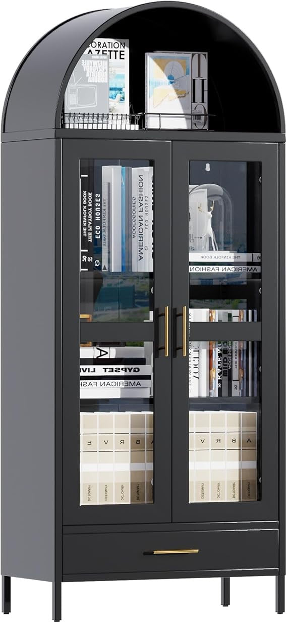 Tall White Arched Pantry Cabinet – 2-Door Glass Storage Unit 185cm Modern