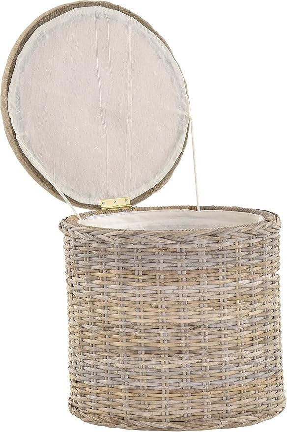 Luxury Rattan Round Laundry Basket with Padded Seat & Lid – Grey Storage Hamper