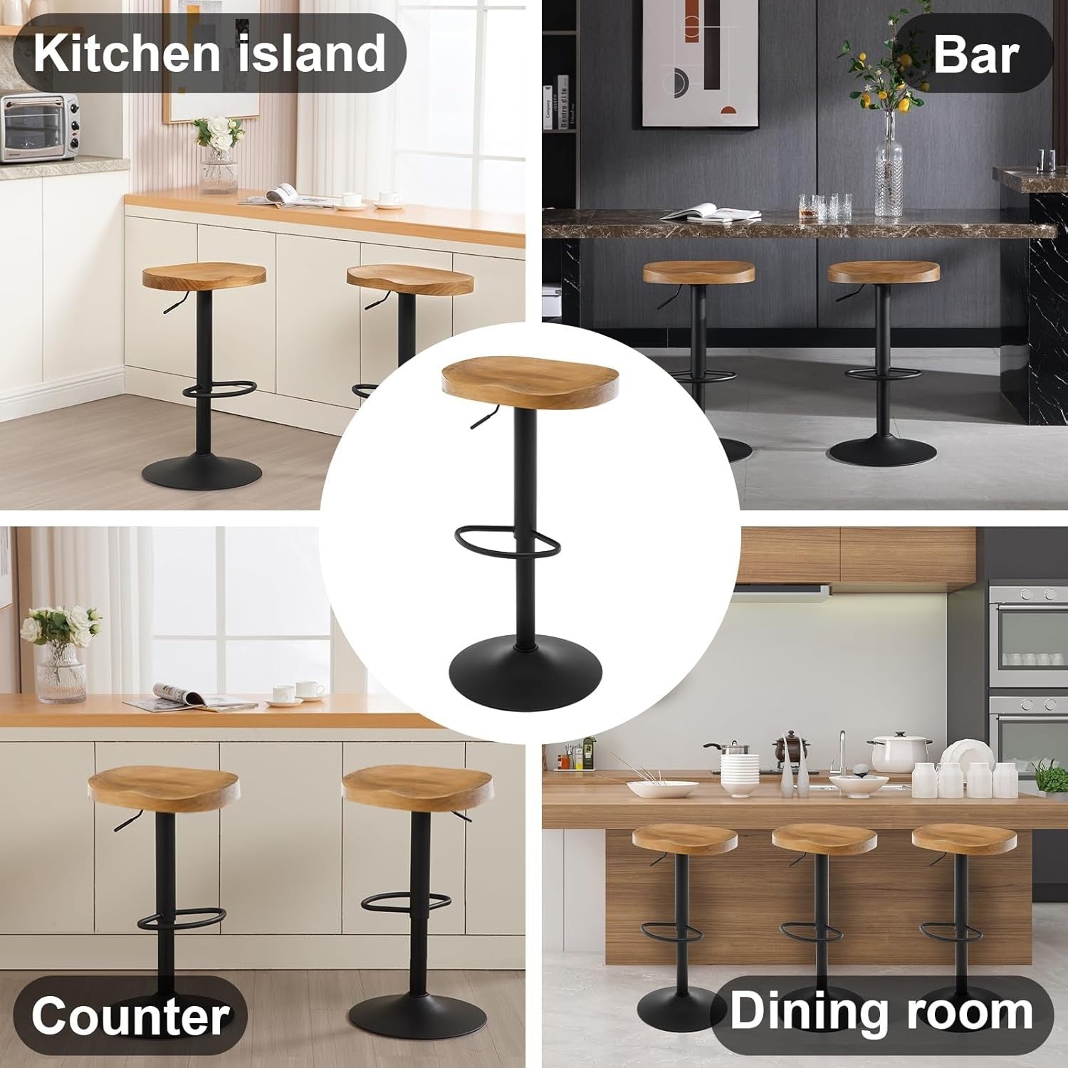 Set of 2 Dark Wood Effect Swivel Bar Stools Adjustable Height Saddle Seat
