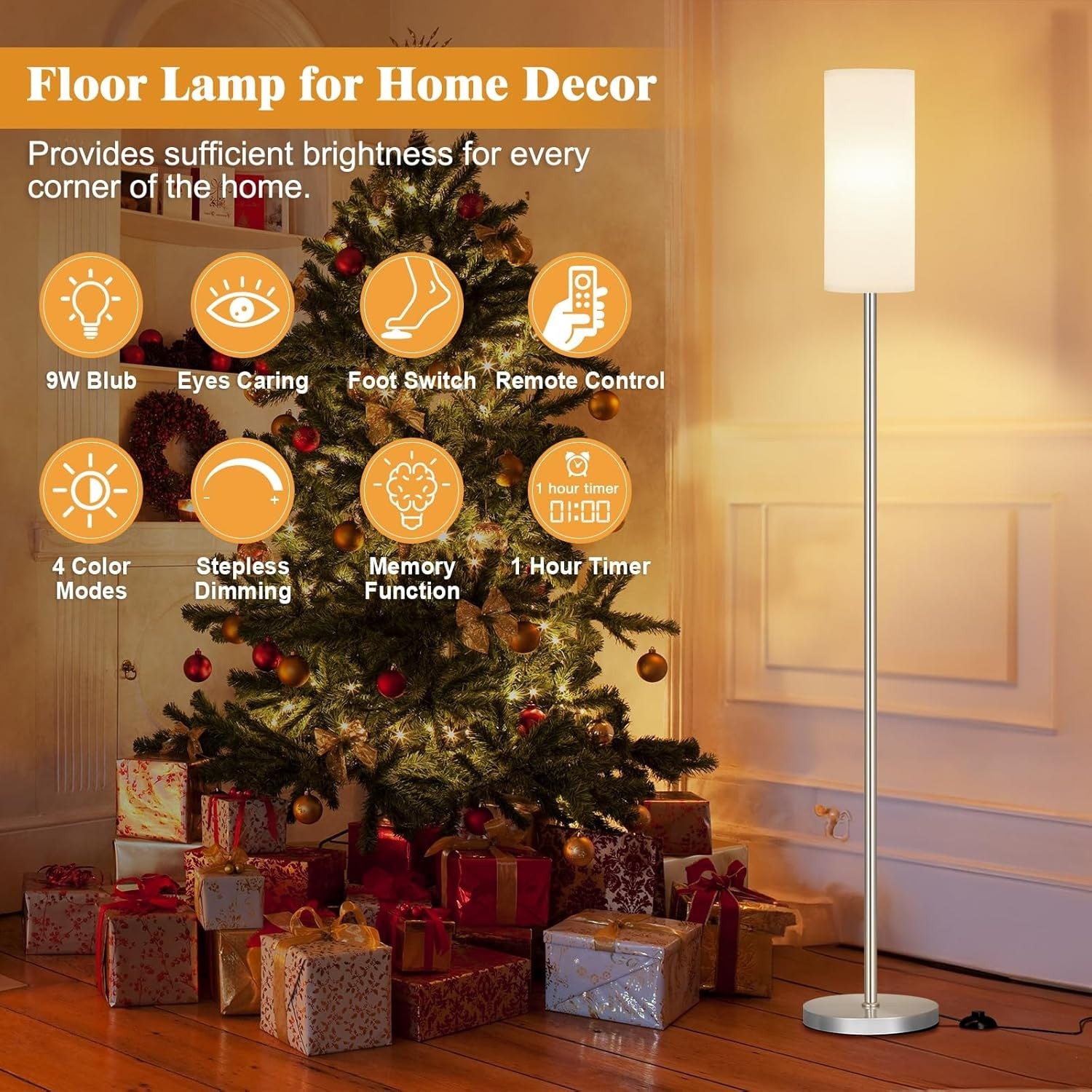 Modern Floor Lamp 64 Inch Standing Light White Shade Silver Pole Living Room