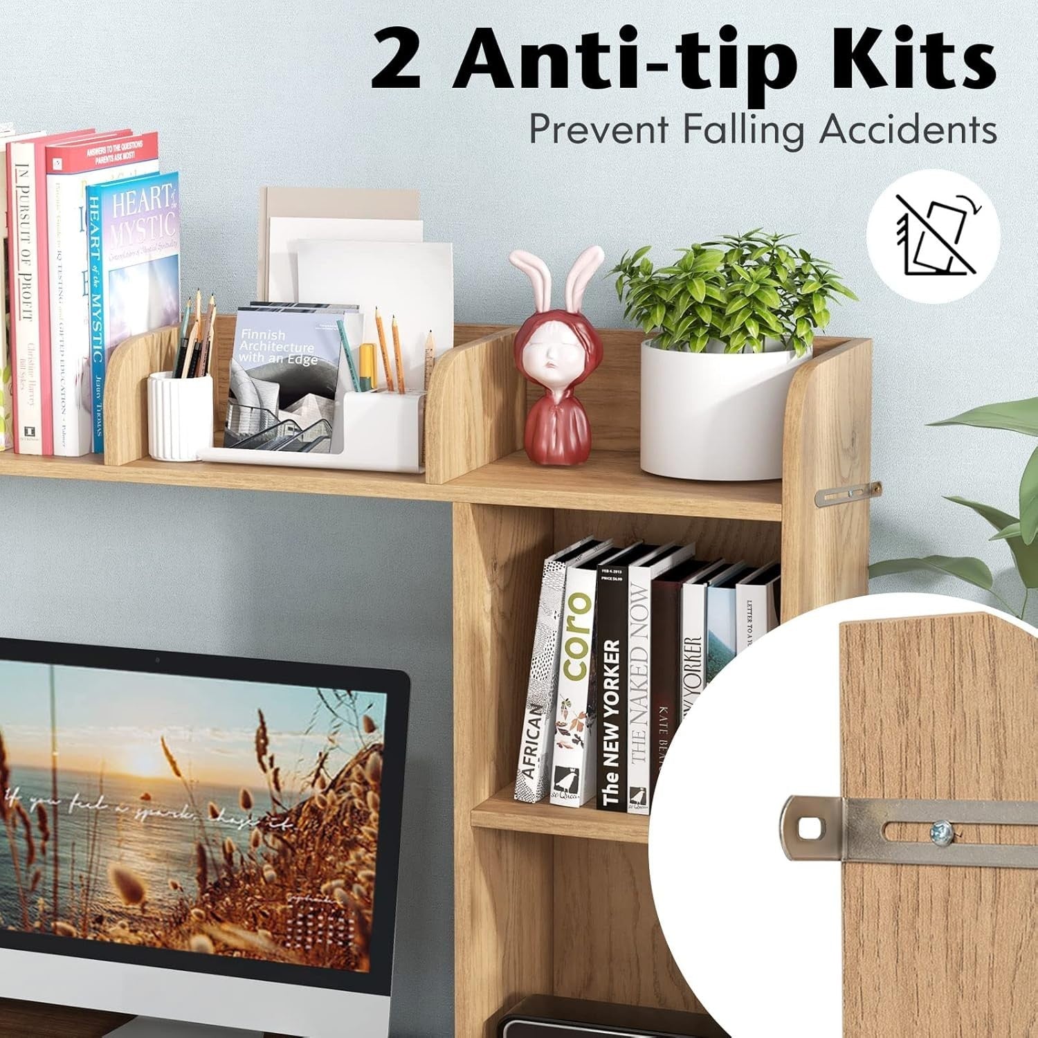 Natural Desktop Bookshelf 3-Shelf Storage Hutch Organizer Rack 94cm