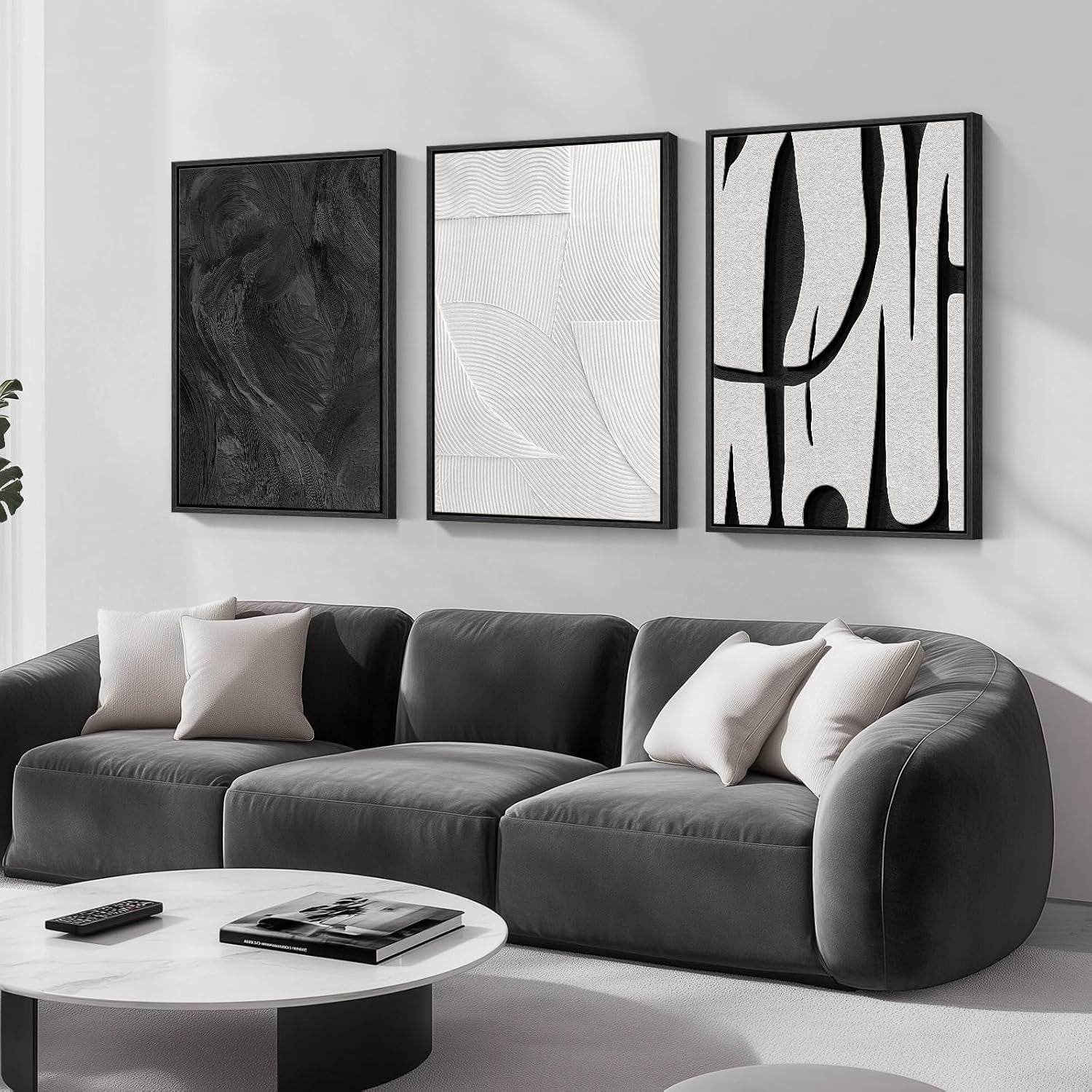 Large Black White Abstract Wall Art 3 Piece Framed Canvas Set