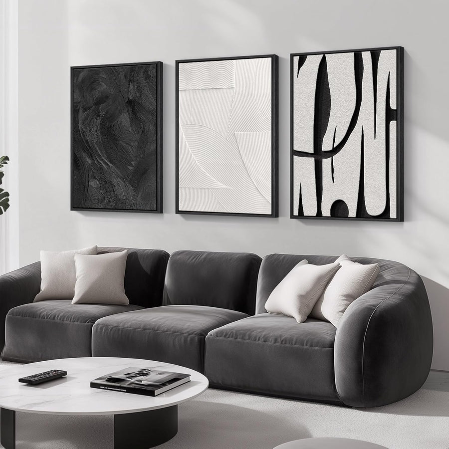 Large Black White Abstract Wall Art 3 Piece Framed Canvas Set