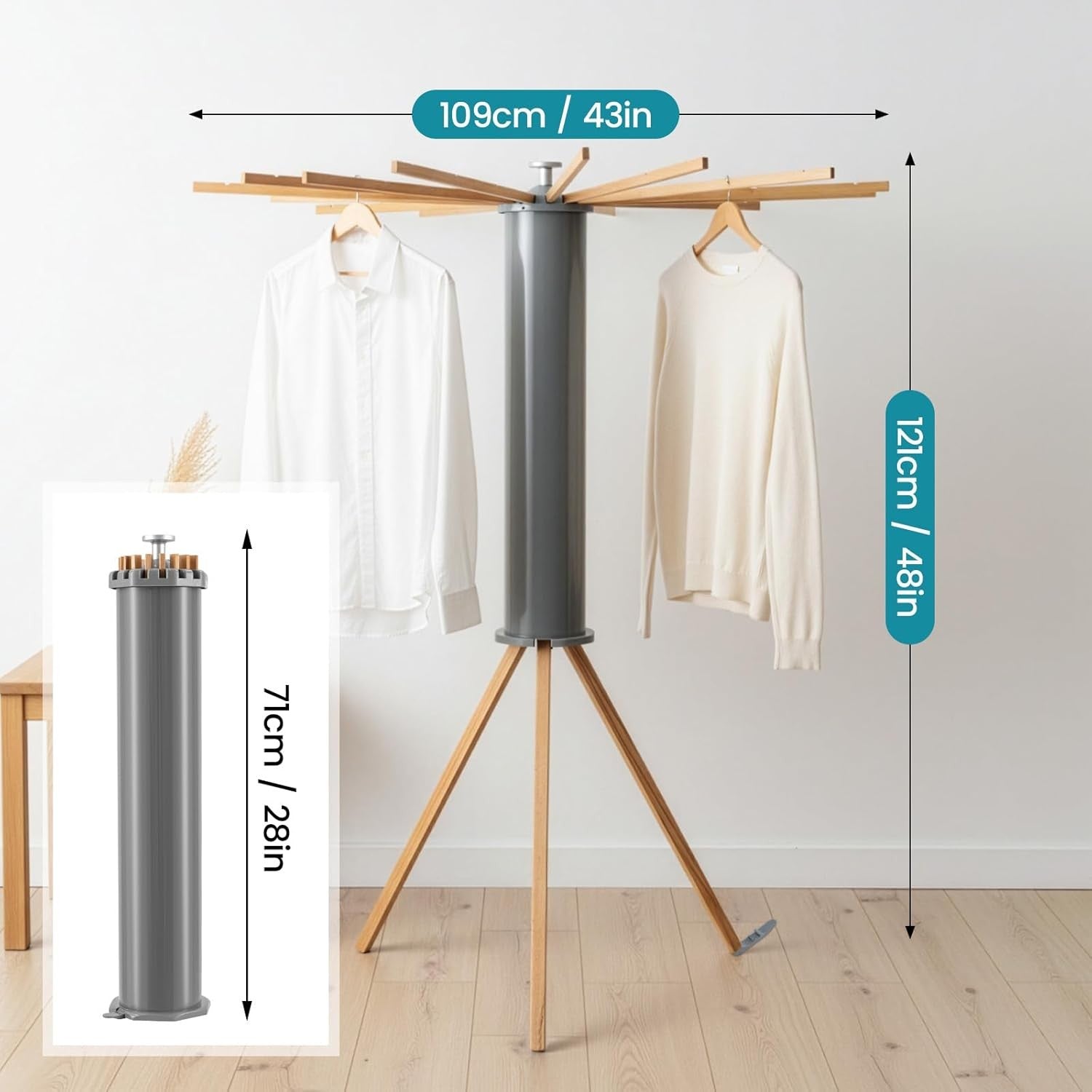Wooden Clothes Airer Tripod Folding Laundry Drying Rack Portable Stand