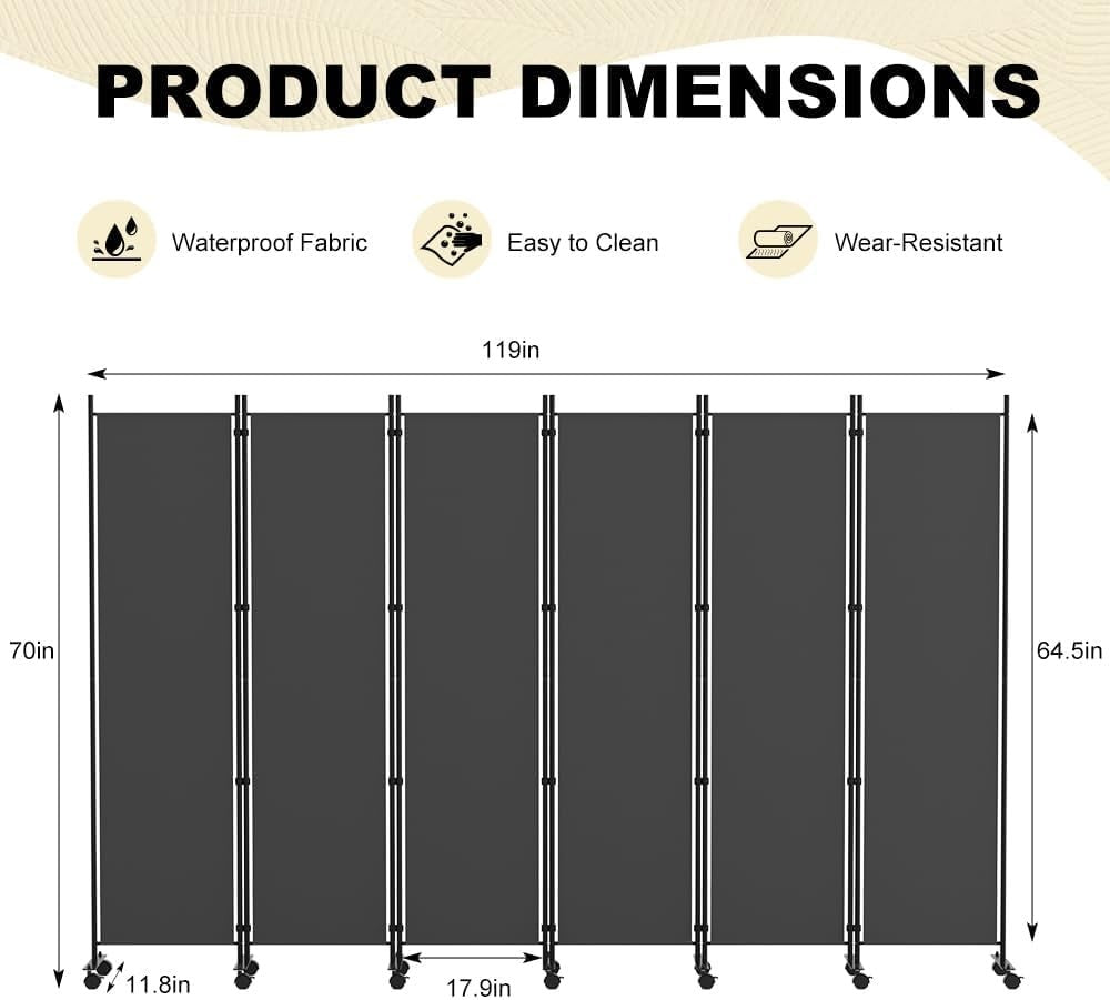 6 Panel Room Divider Folding Privacy Screen with Lockable Wheels – Large Portabl