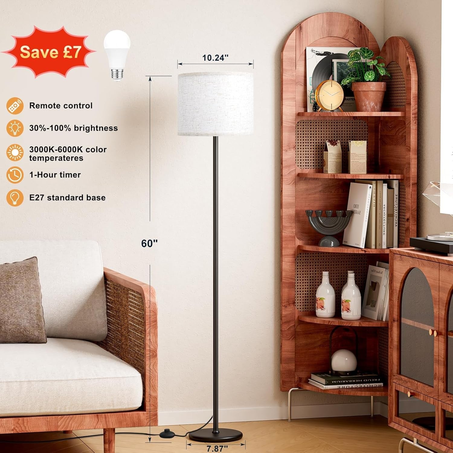 LED Floor Lamp with Remote Dimmable Brightness Colour Temperature Bulb Included