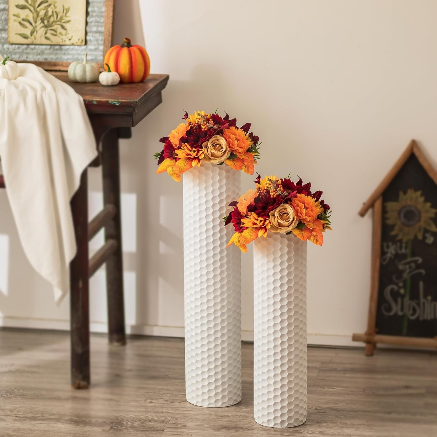 White Tall Floor Vase Set of 2 Metal Standing Vases Modern Home Decor
