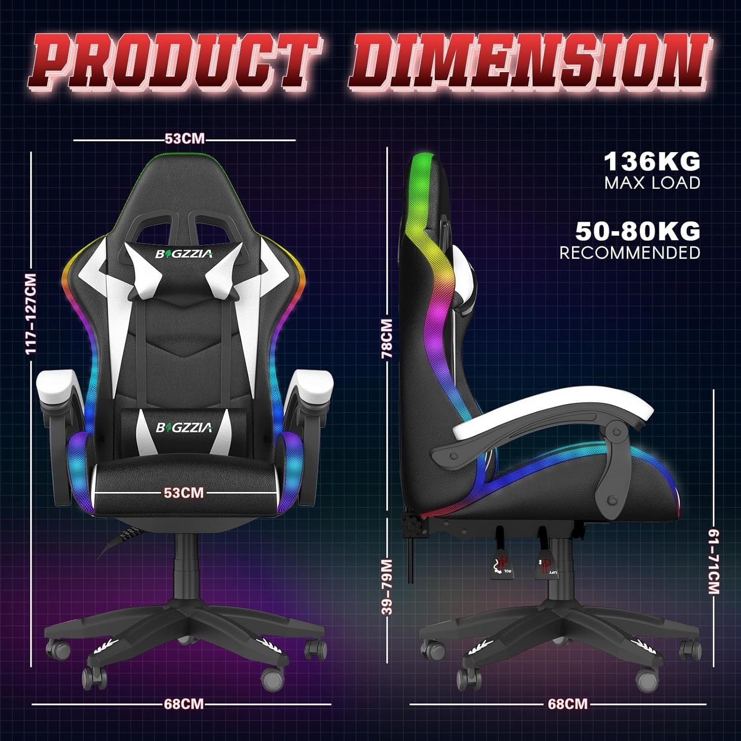 RGB LED Gaming Chair Reclining Ergonomic PU Leather Black