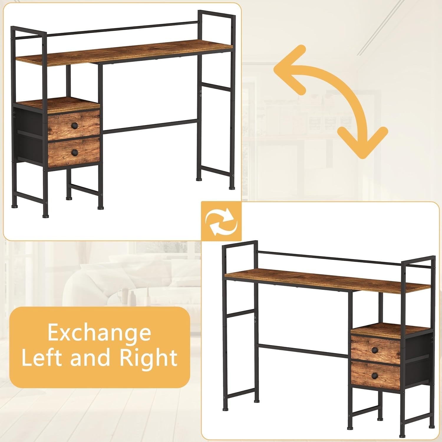 39" Desk Hutch Shelf Rustic Brown | 4-Tier Desktop Organizer Rack with Drawers