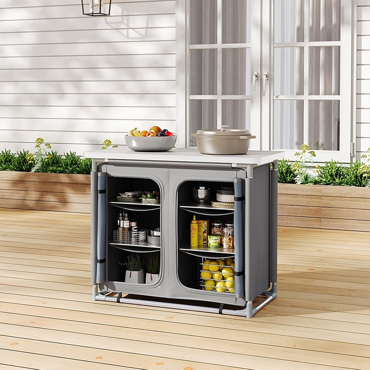Outdoor Folding Camping Kitchen Table with Storage, Portable BBQ Prep Station