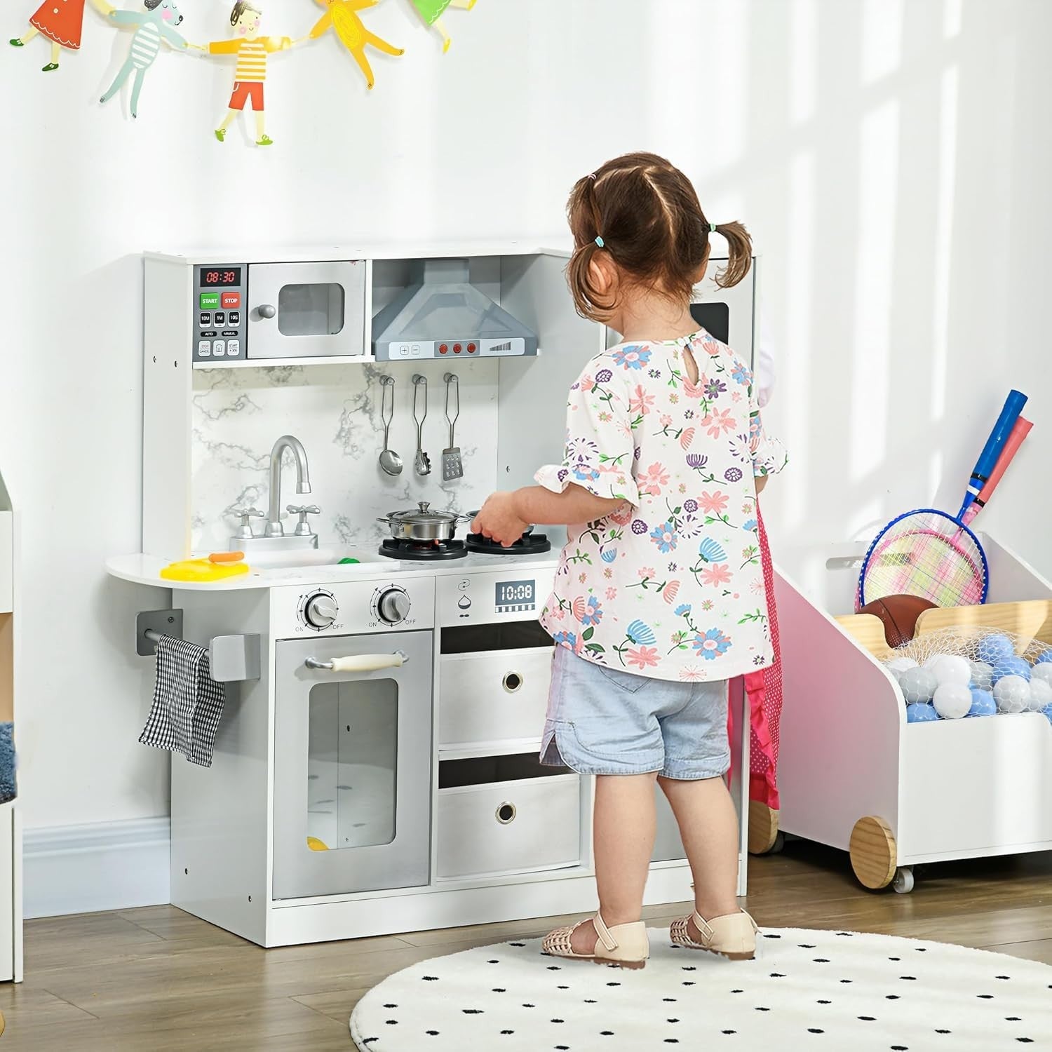 Wooden Kids Play Kitchen White w/ Lights Sounds Ice Maker Set
