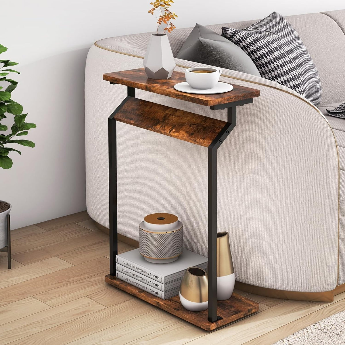 Narrow Side Table Slim Sofa End Table for Small Spaces Rustic Brown 62cm