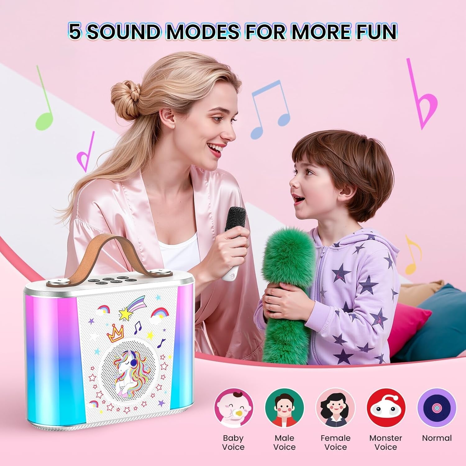 Mini Karaoke Machine Bluetooth 2 Wireless Mics LED Lights Kids White
