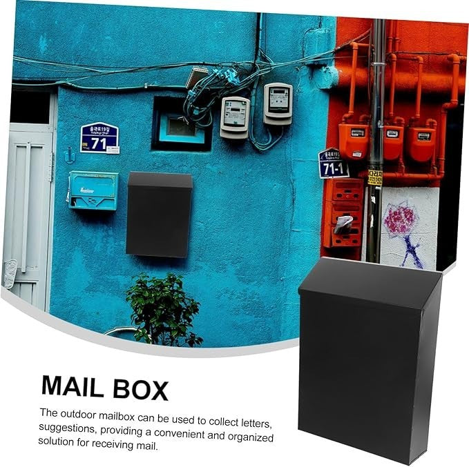 Wall Mount Locking Mailbox Black Iron Outdoor Post Box Weatherproof Slim Design