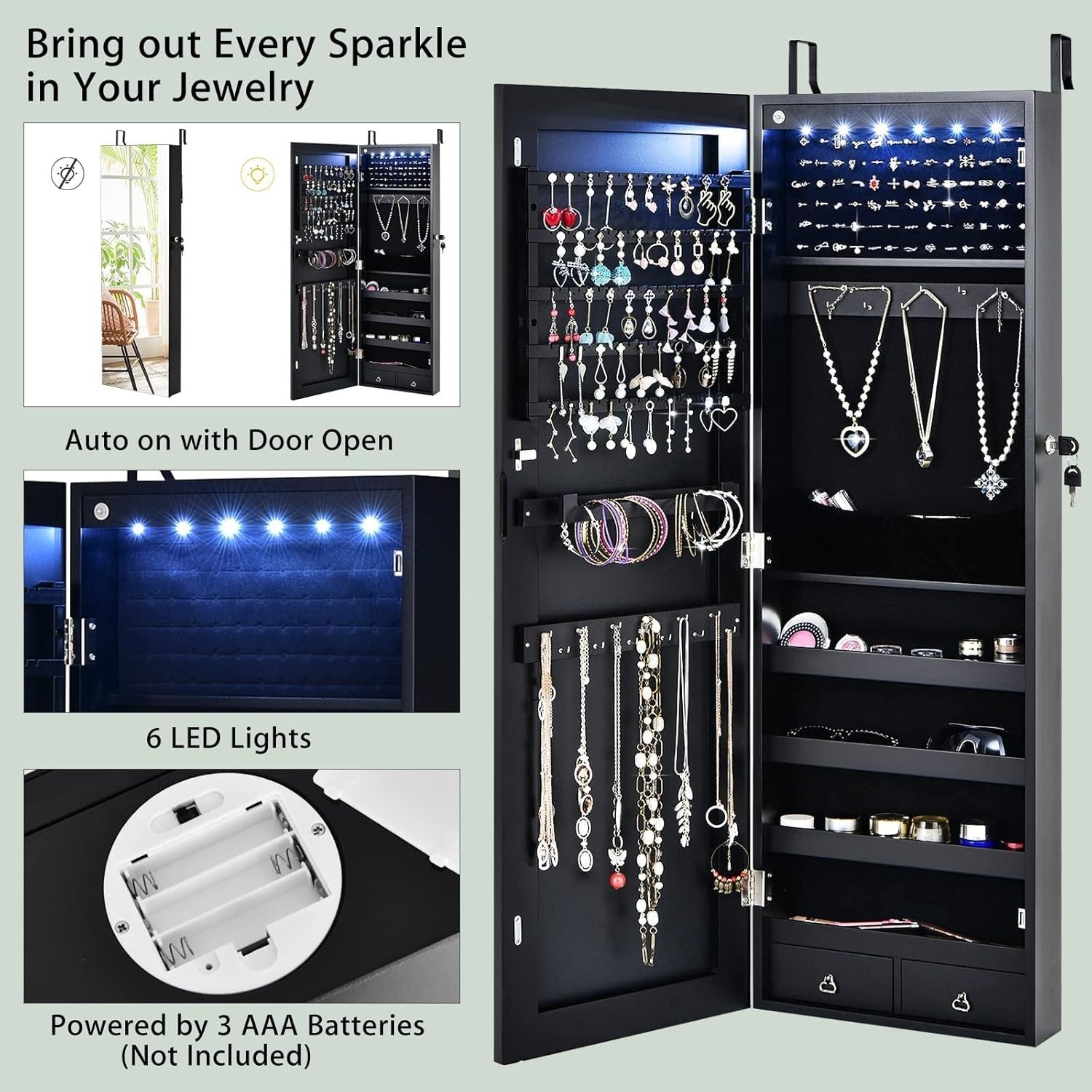 Black LED Jewelry Armoire Wall or Door Mounted Lockable Mirror Storage