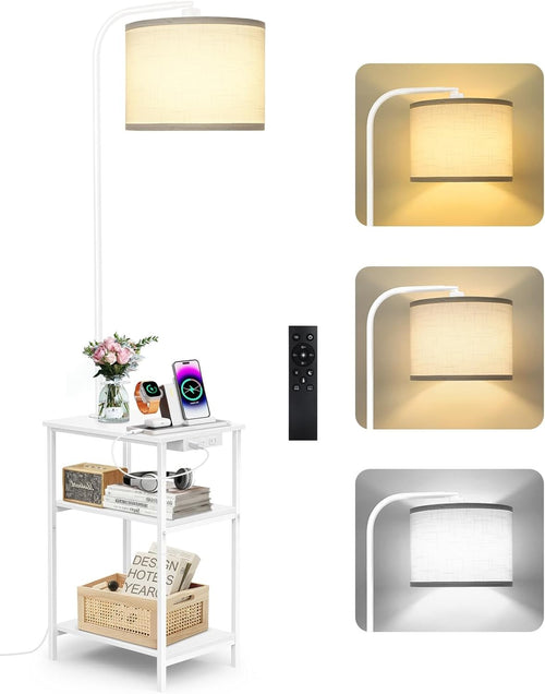 Floor Lamp with Table Remote Charging Station Dimmable LED Nightstand White