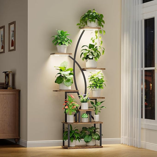 8 Tier Tall Metal Plant Stand with Grow Lights, Indoor Corner Shelf for Living