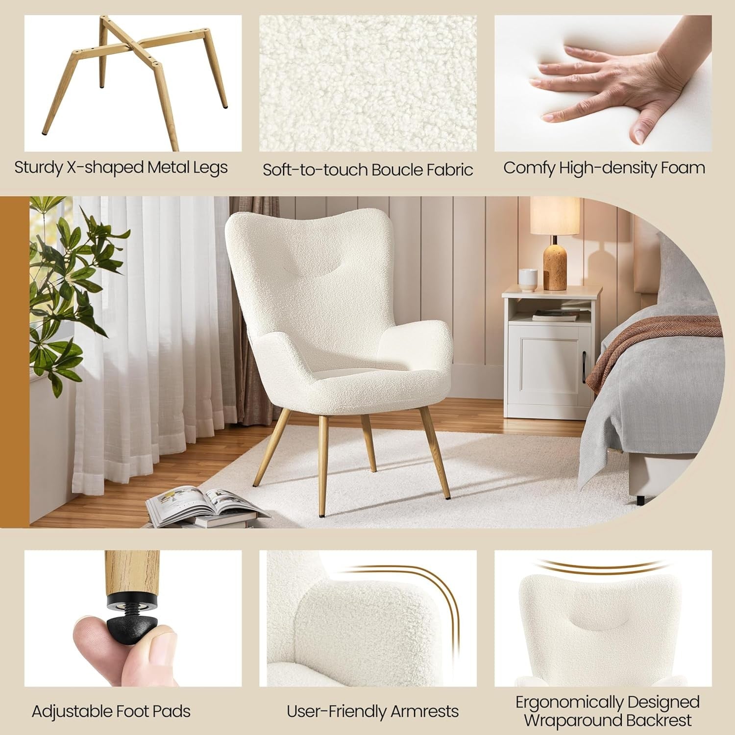 Sherpa Boucle Armchair High Back Tub Lounge Chair Ivory