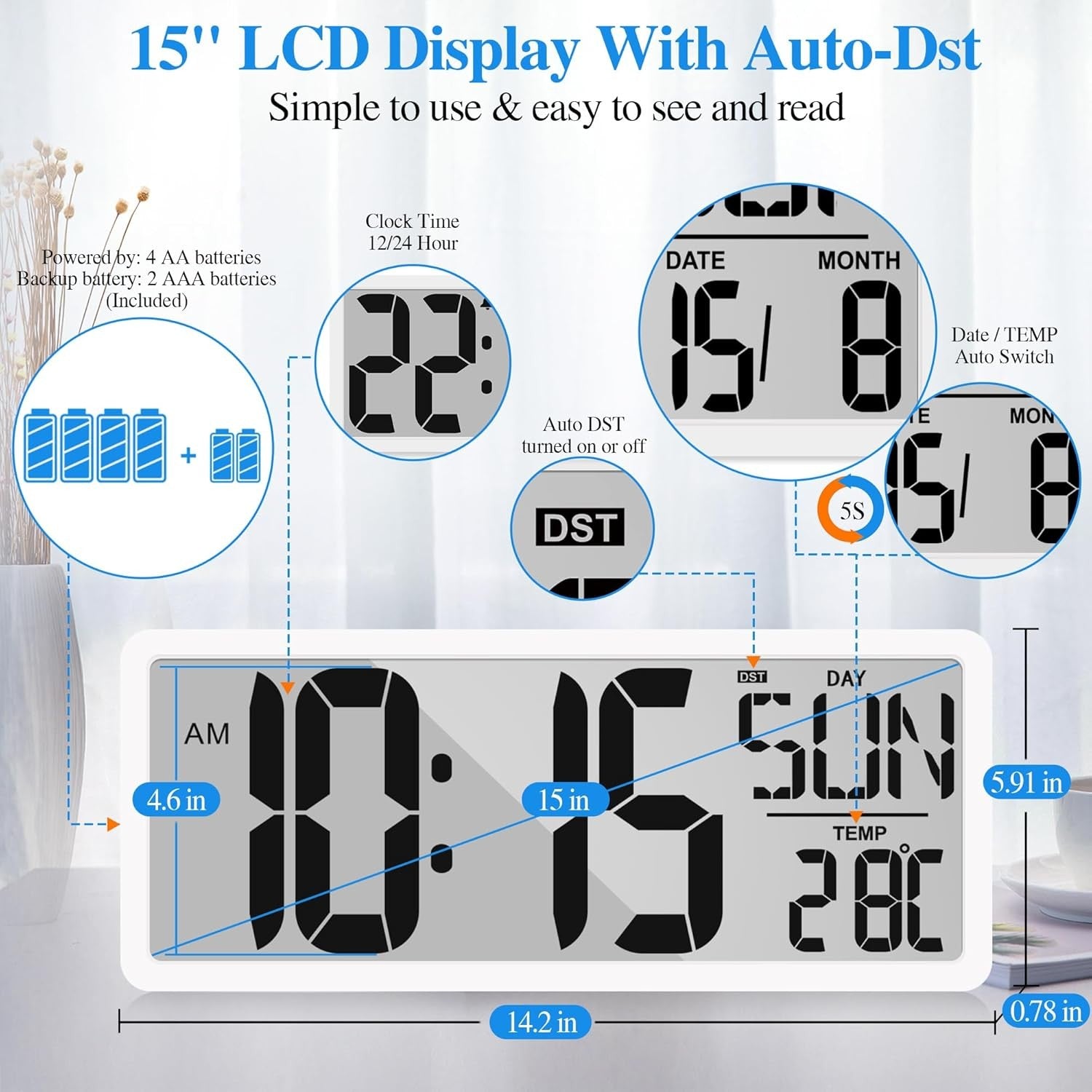 Large Digital Wall Clock 15'' LED Display Alarm Date Temp Backlight