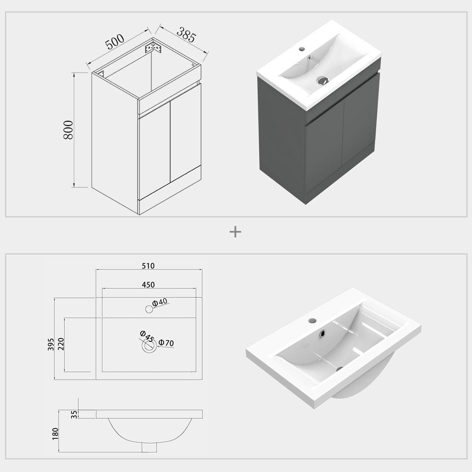 500mm Matt Grey Floor Standing Vanity Unit with Basin 2 Door Sink Cabinet