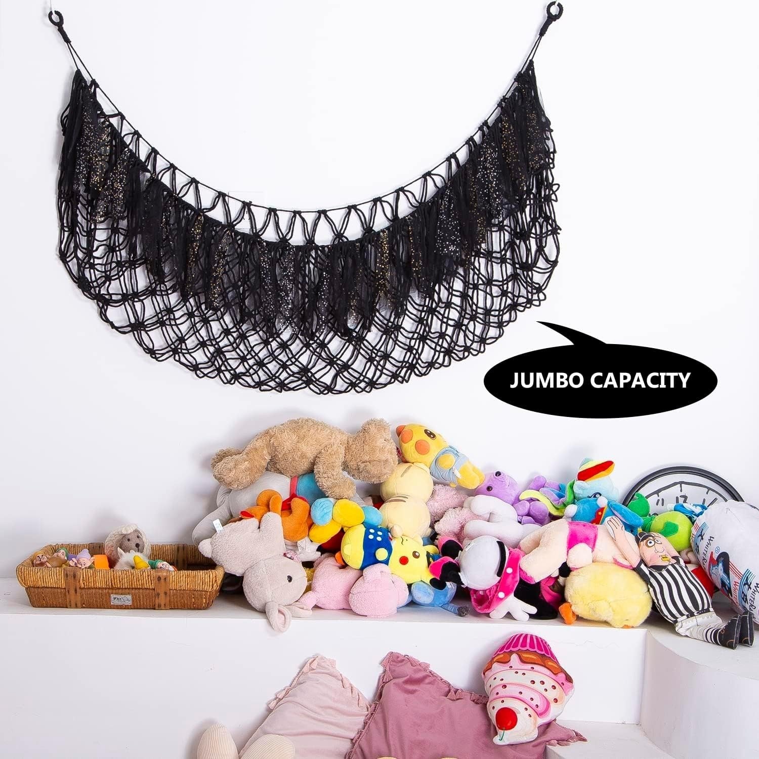 Extra Large Black Toy Hammock with LED Lights – Plush Animal Wall Storage