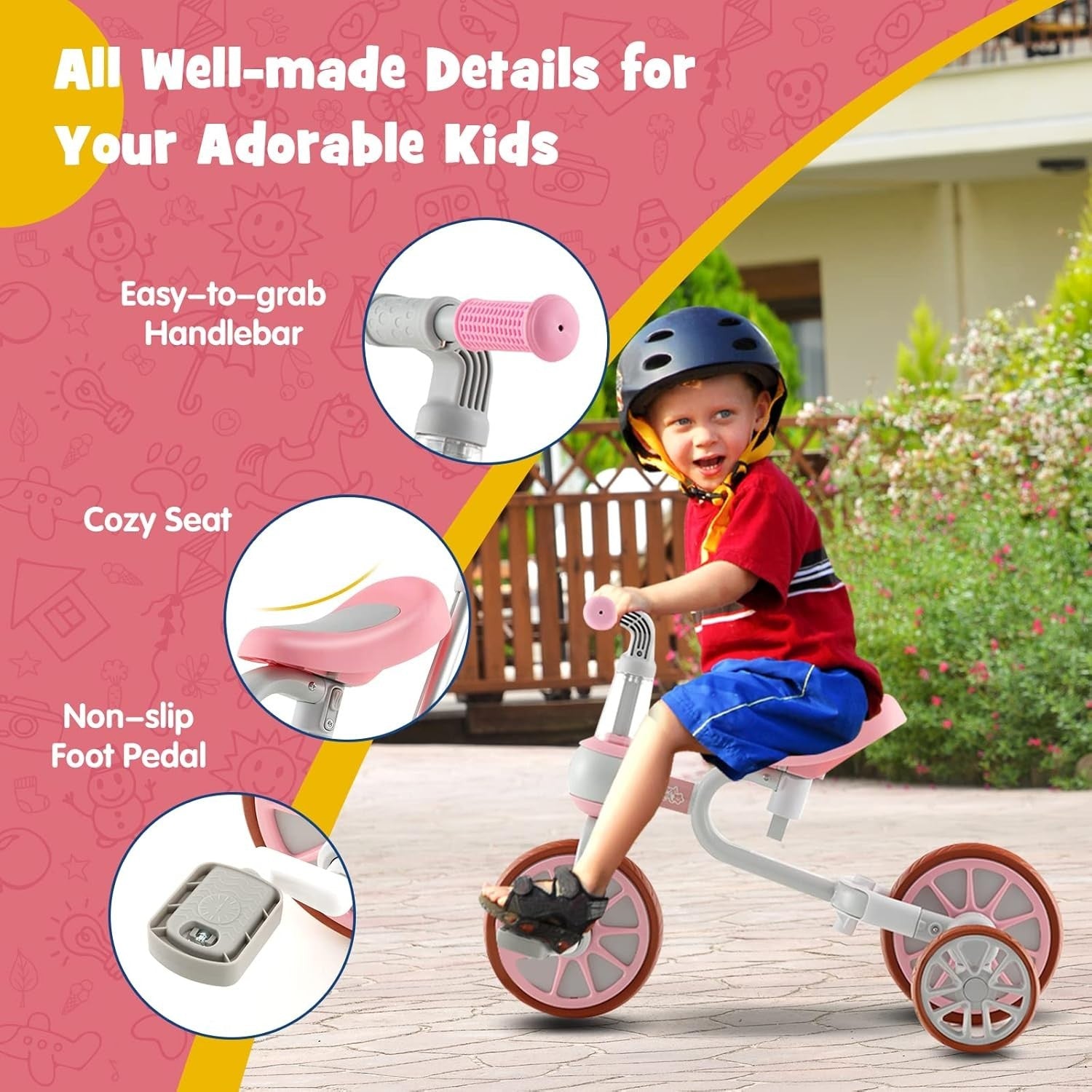 4 in 1 Kids Trike Balance Bike Push Tricycle Adjustable Handle Pink