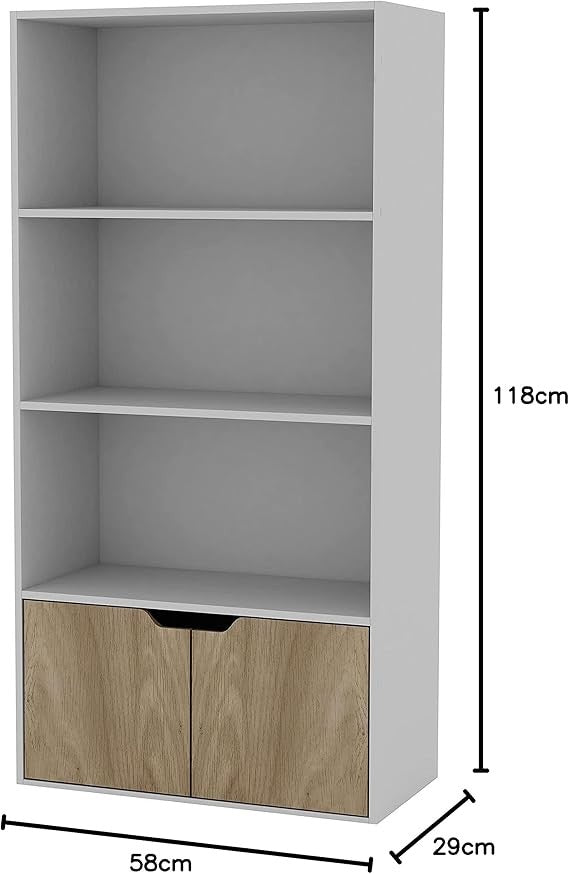 Modern White 4-Tier Wide Bookcase with Oak Door Cupboard – Shelf Storage Unit