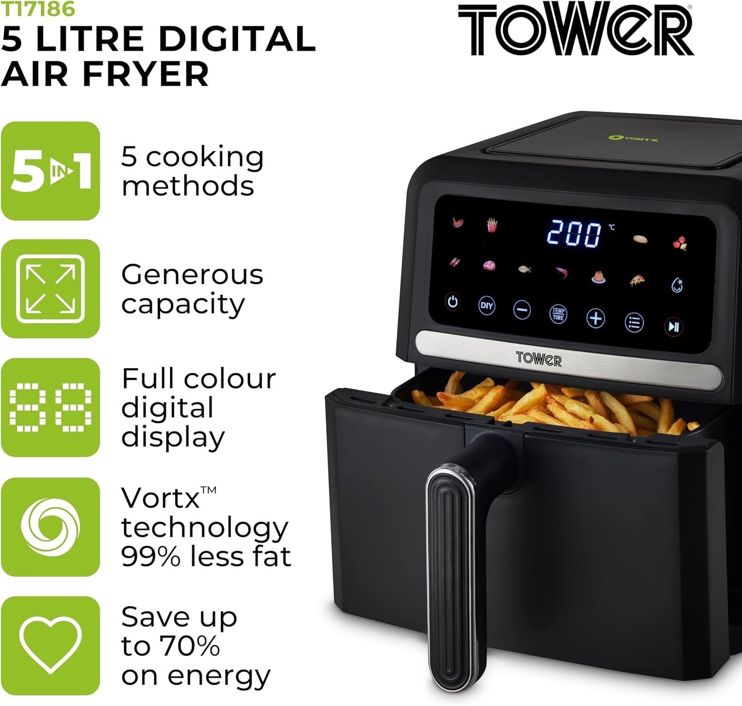 5L Digital Air Fryer Oven | 11 Presets Compact Space-Saving Design 1500W Black
