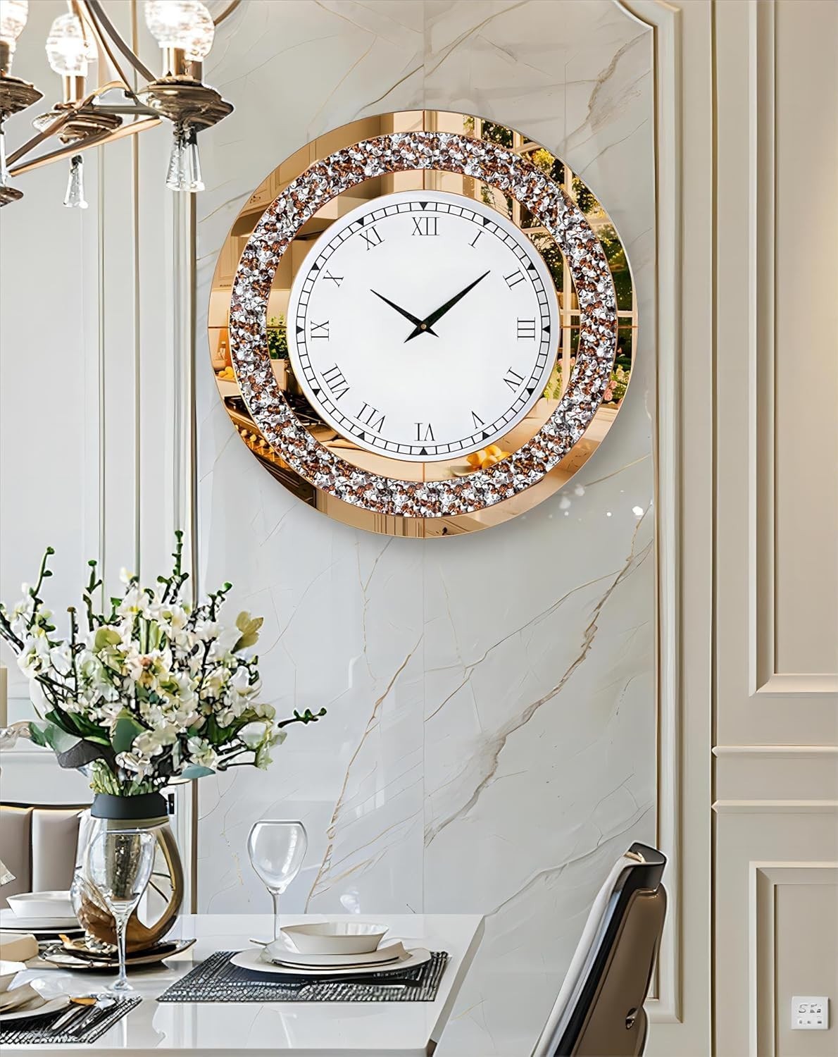 60cm Mirrored Wall Clock Crushed Diamond Inlay Roman Numerals Bling Decor