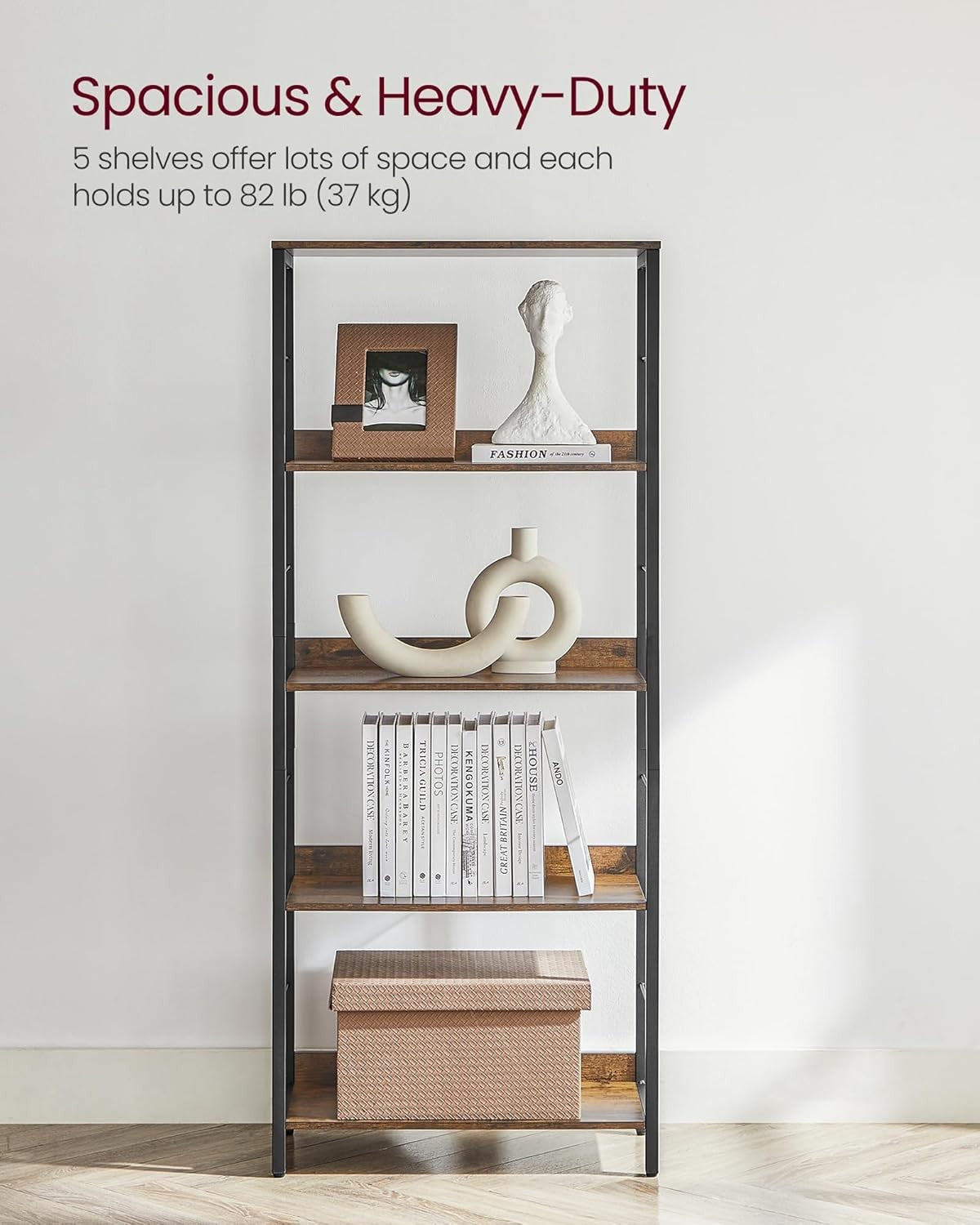 5-Tier Industrial Bookshelf Unit | Rustic Brown Storage Shelving for Home Office
