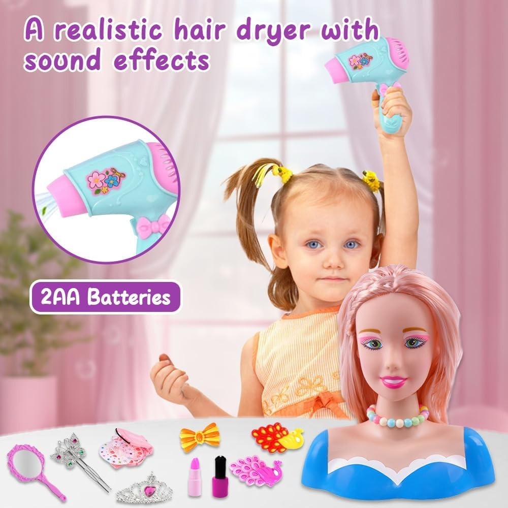 Kids Hair Styling Head Doll Playset 44pcs Makeup Hairdresser Toy