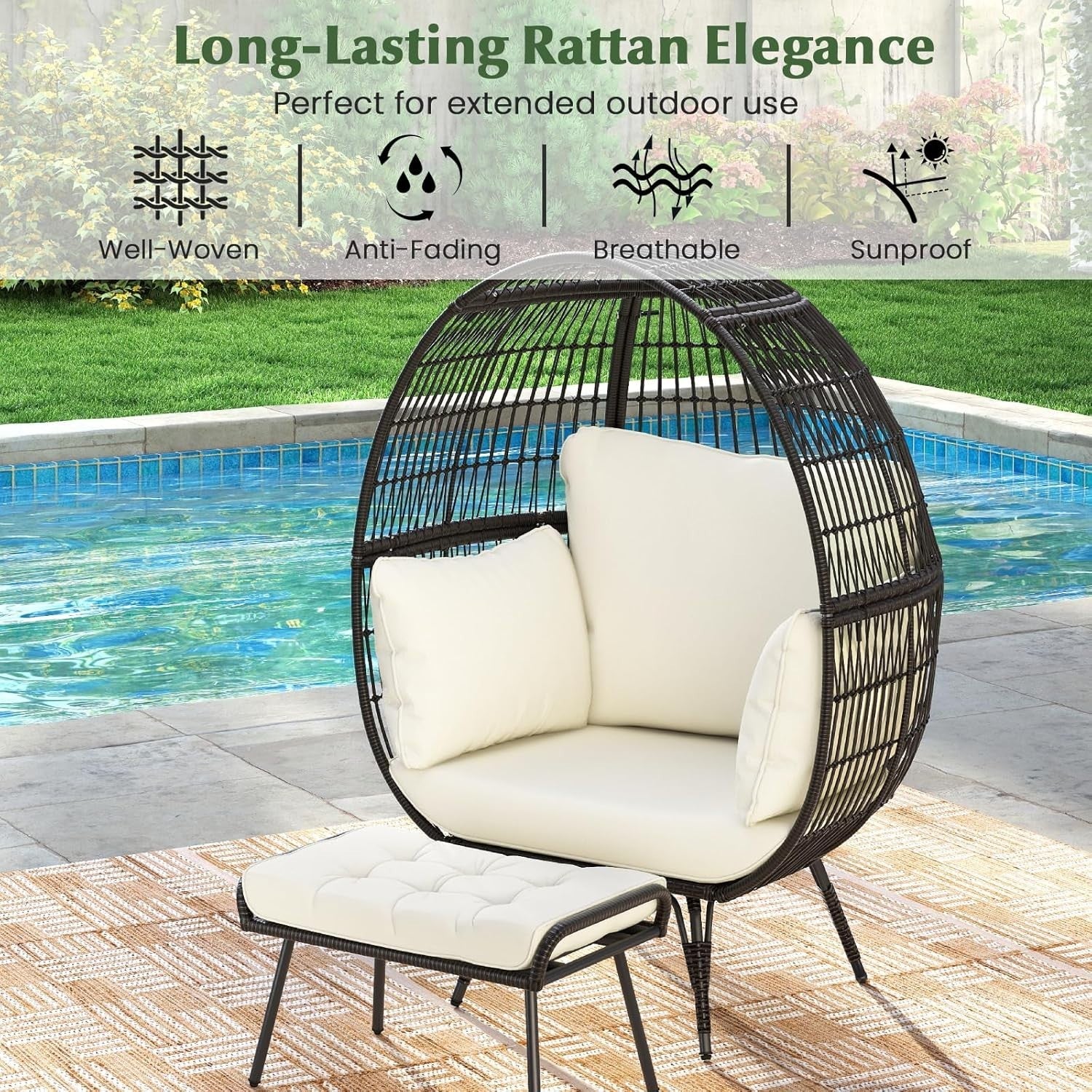 Oversized Rattan Egg Chair with Ottoman Freestanding Cushioned Lounge Seat