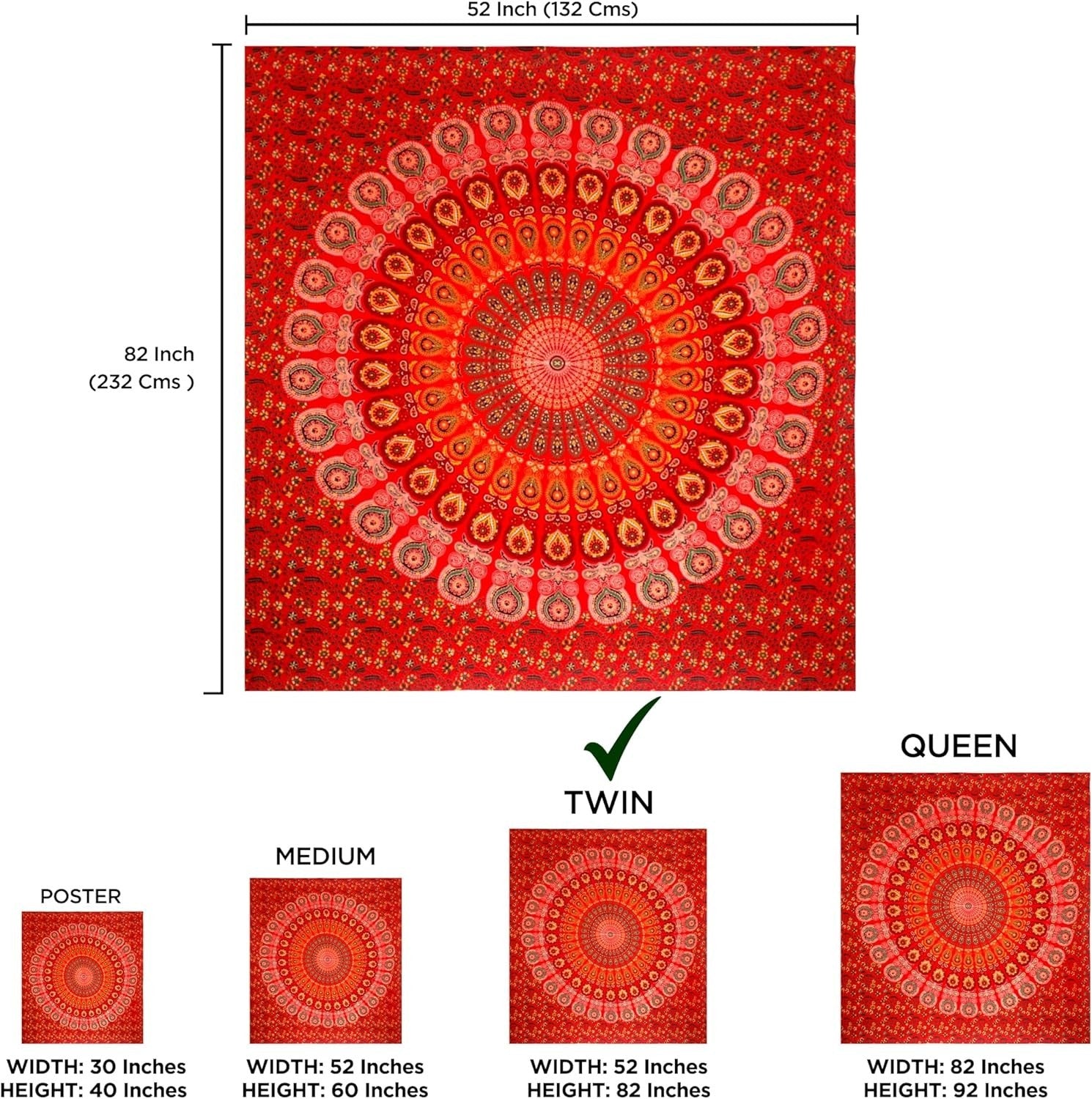 Red Mandala Tapestry 140x210cm Boho Wall Hanging Cotton Decor