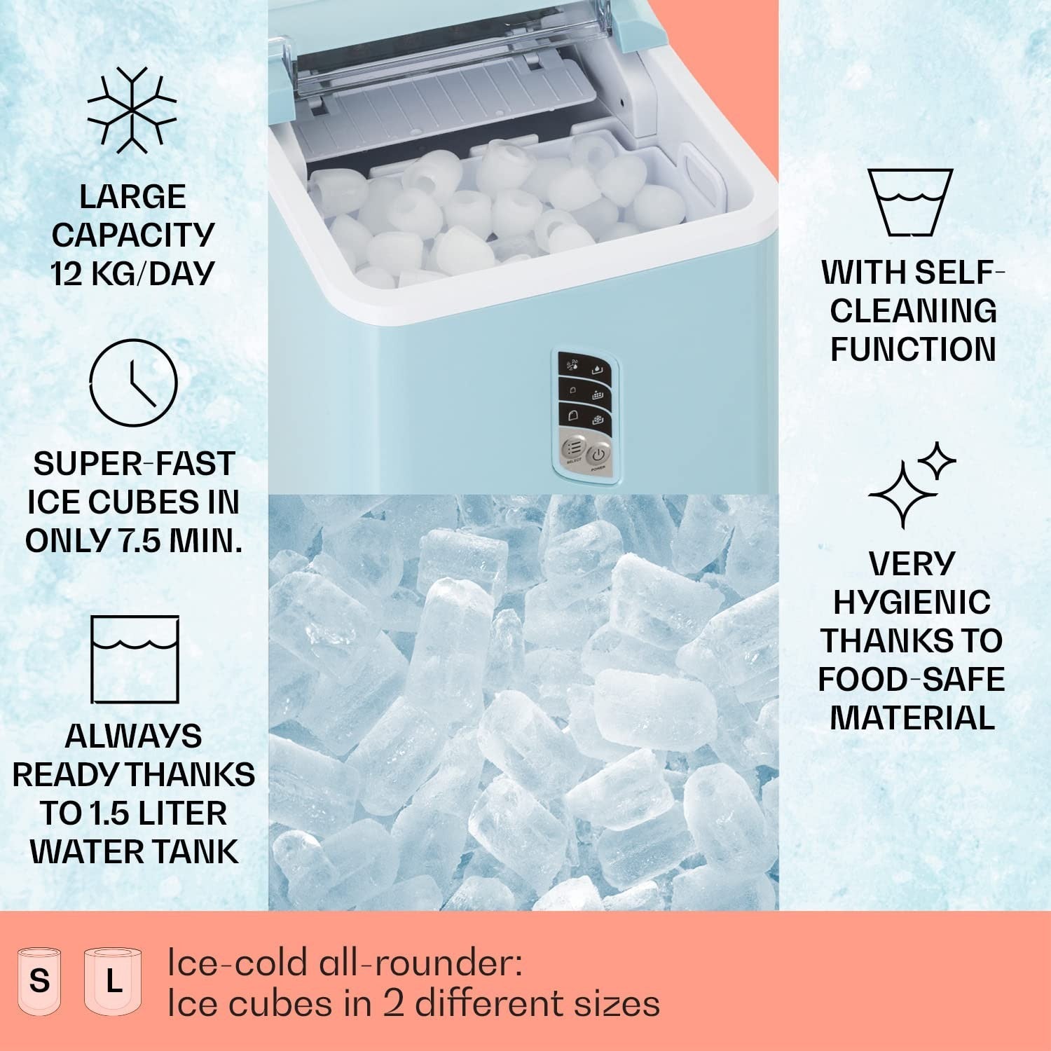 Countertop Ice Maker Machine 12kg/24h Fast Bullet Ice Self Cleaning 1.5L