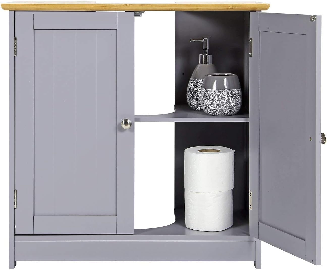 Modern Grey Bathroom Vanity Unit Bamboo Top Under Sink Storage Cabinet