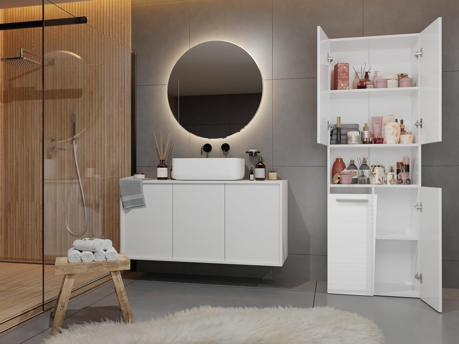 Modern White Gloss Bathroom Tall Storage Cabinet with Laundry Basket