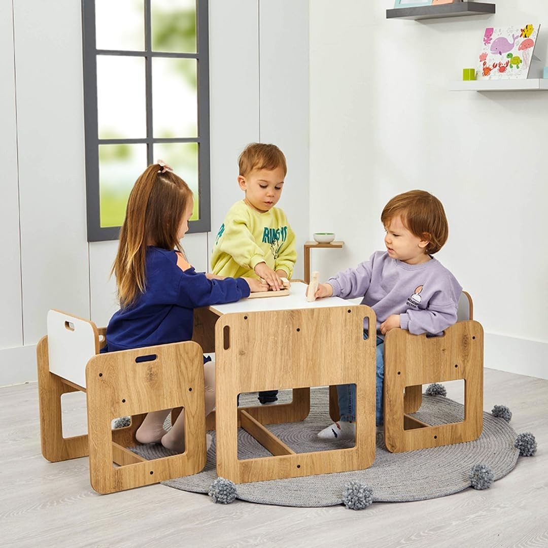 Kids Square Table & 2 Chairs Set MDF Natural Wood-Look, Safe Durable Play