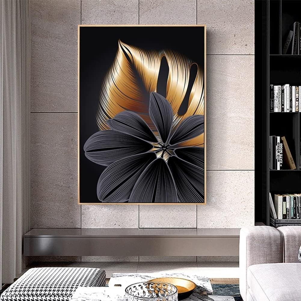 Set of 3 Black Gold Leaf Canvas Wall Art 40x60cm Nordic