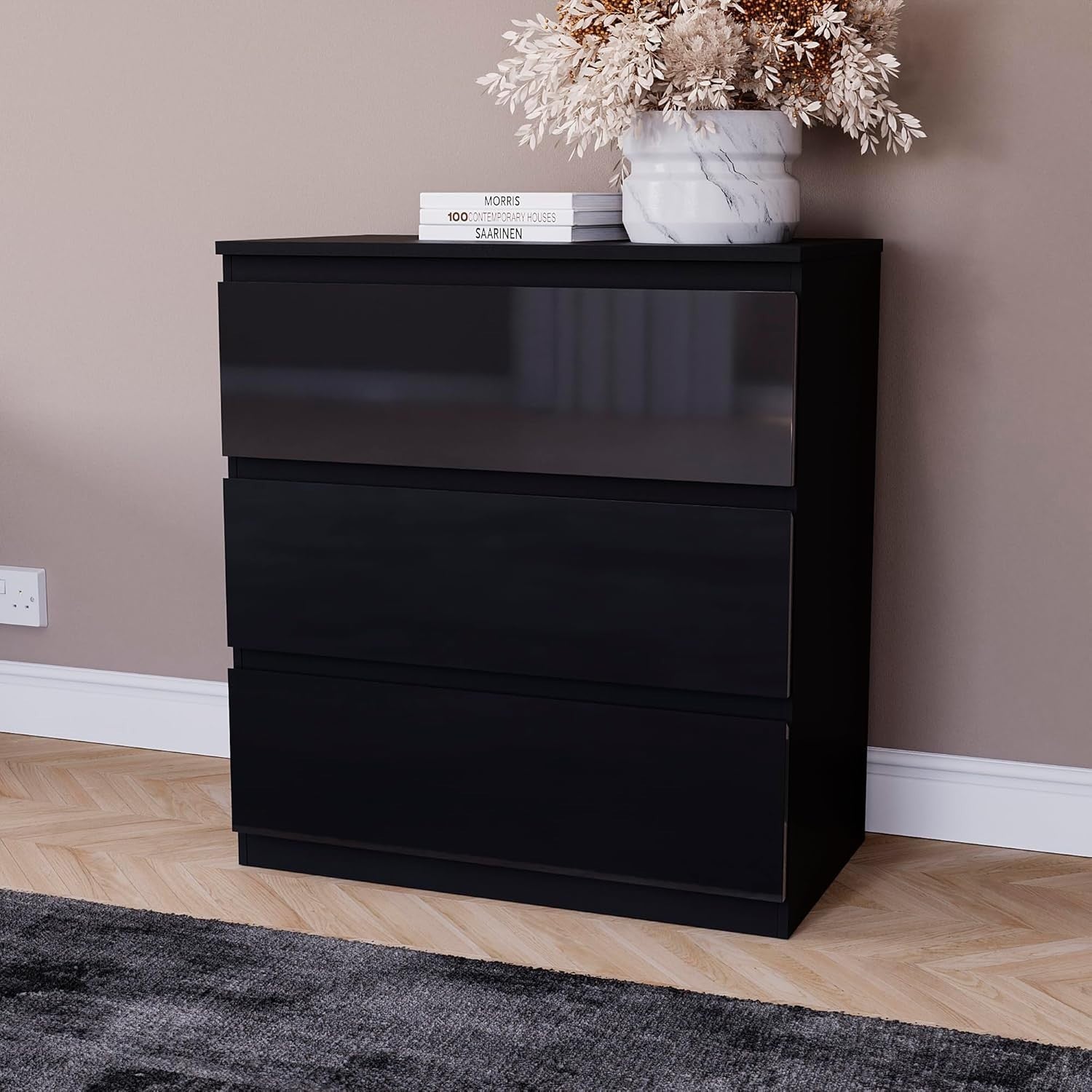 Black Gloss 3 Drawer Chest Compact Storage Cabinet Bedroom Organizer