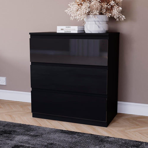 Black Gloss 3 Drawer Chest Compact Storage Cabinet Bedroom Organizer