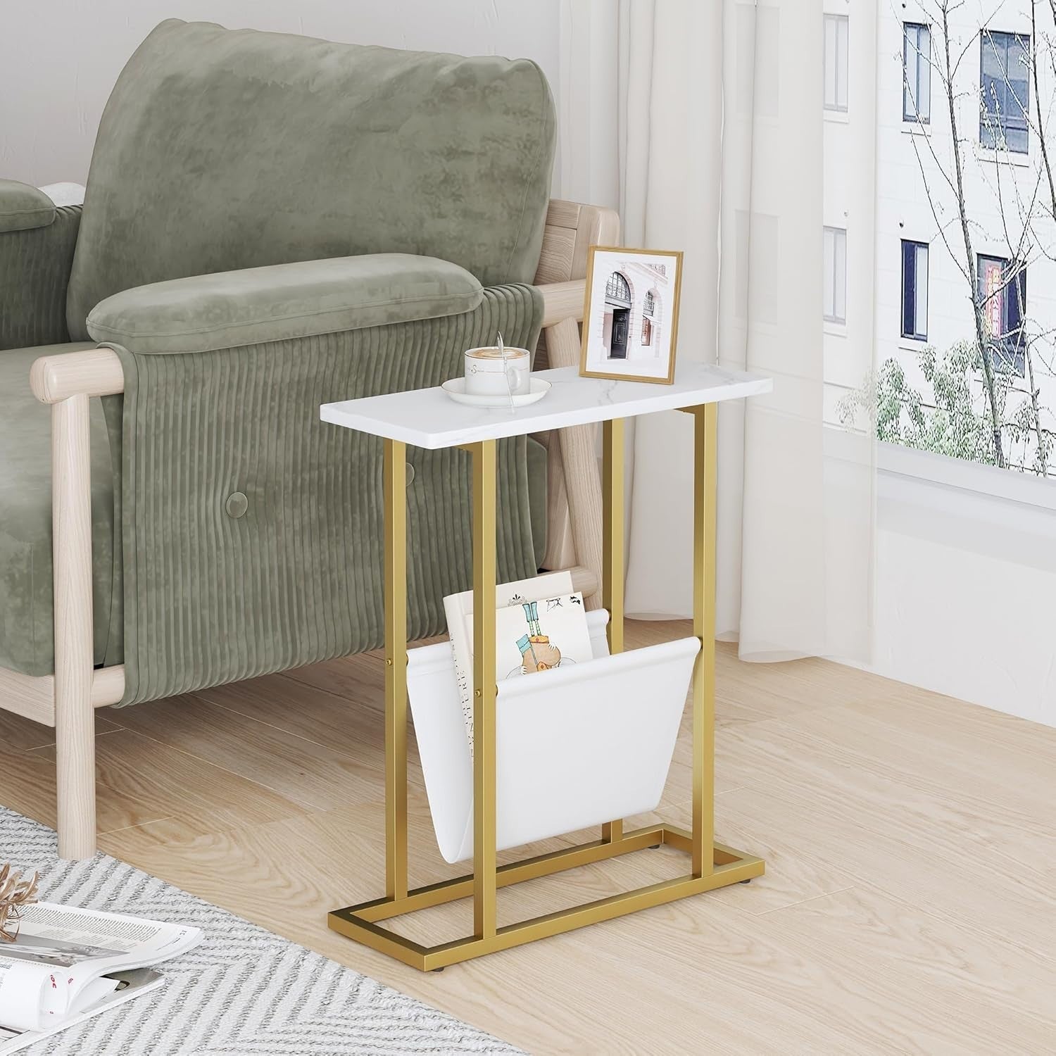 Slim Gold Side Table with Storage Bag – Narrow End Table for Sofa/Bed