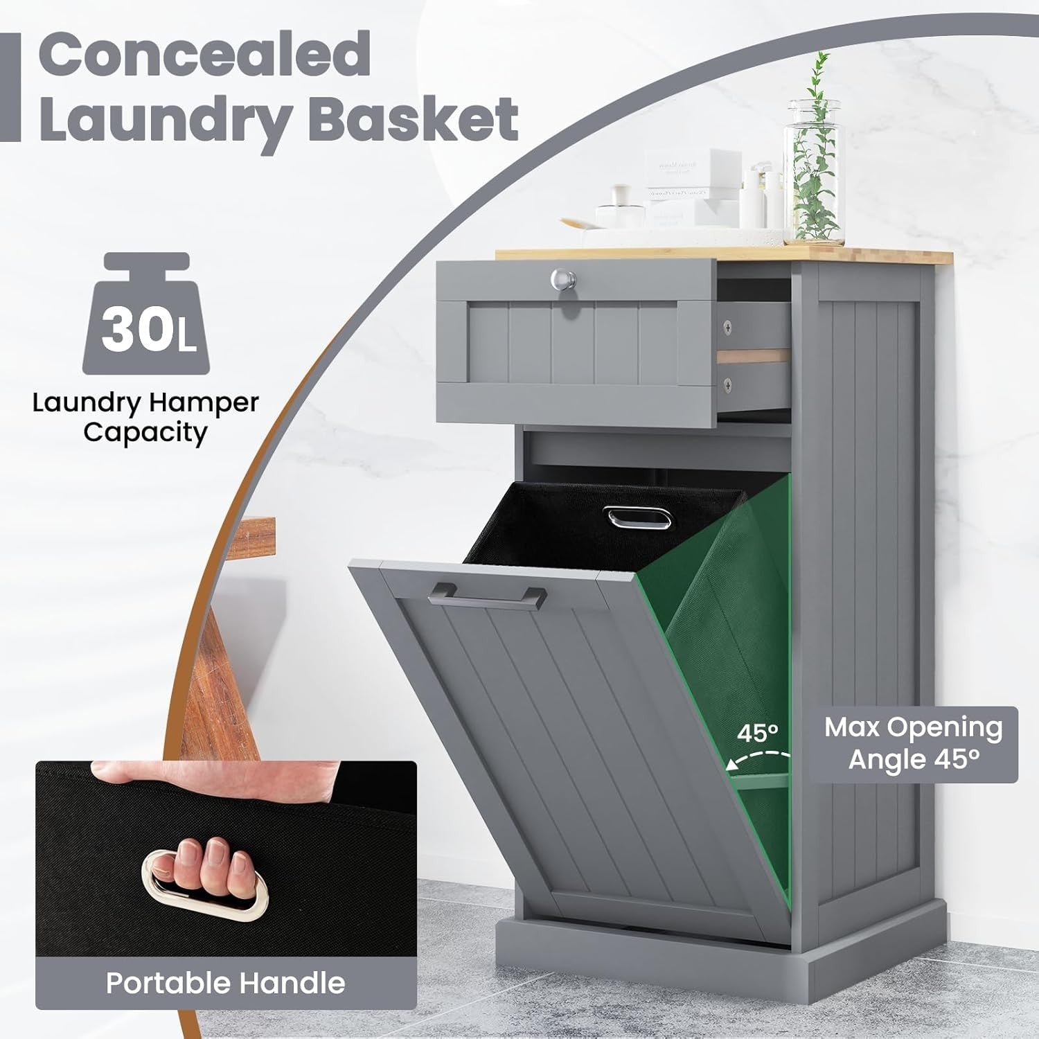 Tilt-Out Laundry Cabinet with Drawer & Removable Bin | Freestanding Bathroom Ham