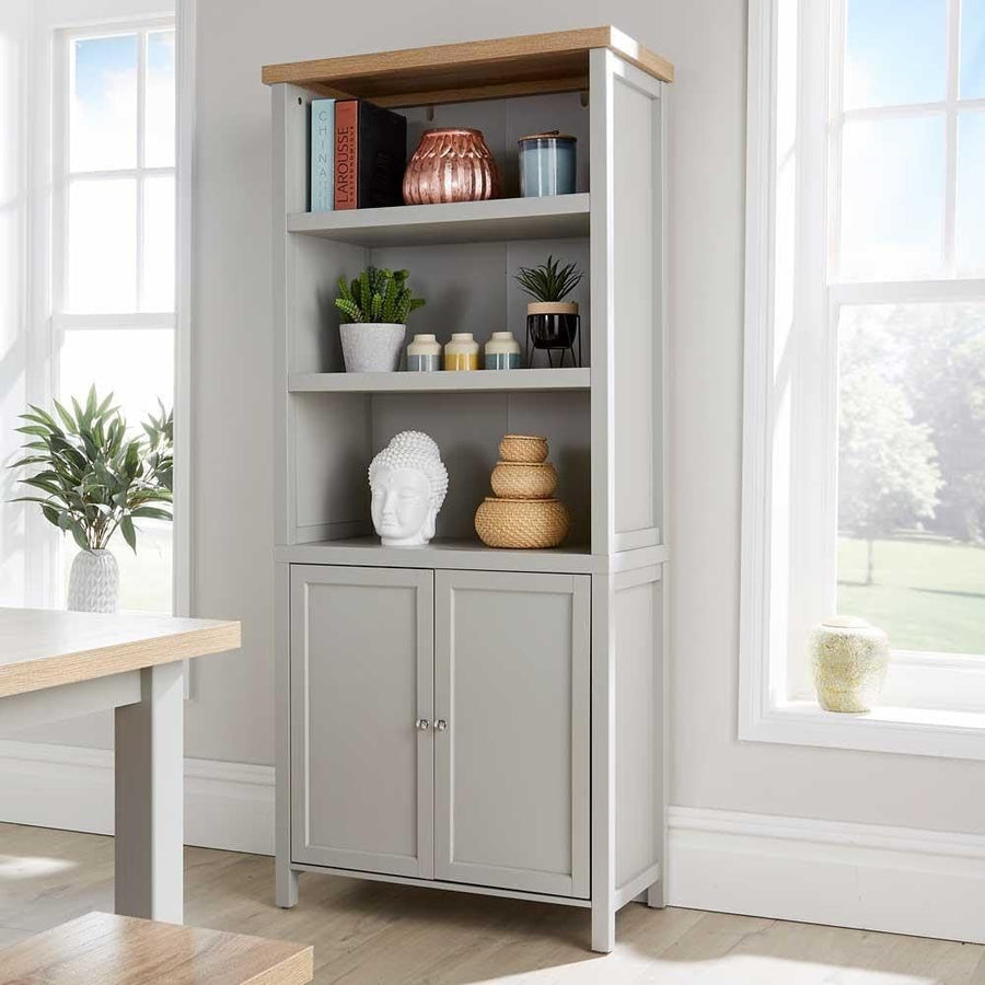 Tall Display Bookcase Cupboard 3 Shelf 2 Door Storage Unit Grey Oak