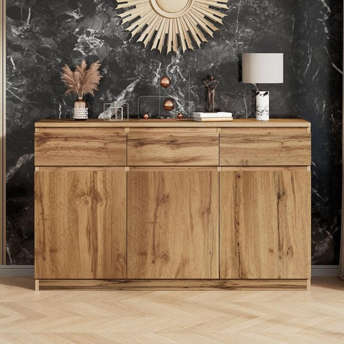 Oak Sideboard Buffet Cabinet with 3 Drawers 3 Doors Storage Unit 135cm